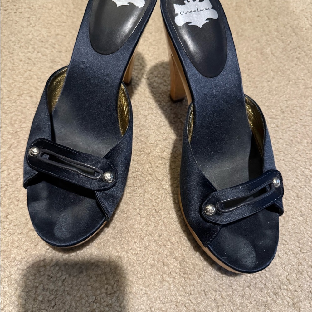 Christian Lacroix Navy Blue Satin Platform Mules with Wooden Heel - Picture 3 of 6
